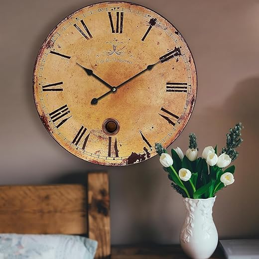 Rustic Wall Clock 24 inch Vintage Wood Wall Clock Large Wall Clock France Clock Retro Vintage Country Wall Clock Non-Ticking Silent Clock for Home Living Room