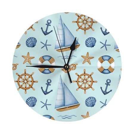 Sailboat steering wheel anchor vintage Wall Clock Silent Non Ticking - 10 Inch Battery Operated Modern Clocks for Living Room Bedroom Kitchen Bathroom Office Classroom, Decorative Clocks