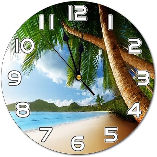 Sea Beach Palm Trees Wall Clock Battery Operated Silent Non Ticking Round Clock Tropical Theme Wall Decor for Home, Office, School 9.8 Inch