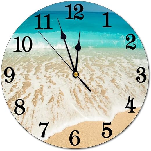 Sea Beach Wall Clock Battery Operated Silent Non Ticking Round Clock Summer Ocean Theme Wall Decor for Home, Office, School 9.8 Inch