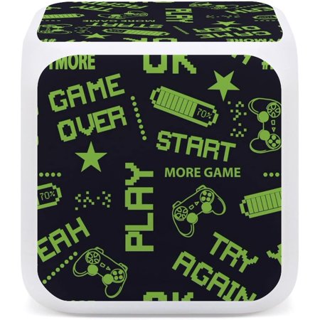 Seamless Abstract Pattern In Green Pixel Game Style On Dark Mini Digital Alarm Clocks, Wake Up Bedside Clock, Led Night Glowing Cube Clock Desk Table Clock With Data And Temperature Gift