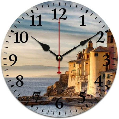 Sea Wall Clock Italy City Europe Italian Vintage Wood Print Wall Clock Silent & Non-Ticking Living Room Kitchen Bedroom Arabic Numeral 12 Inch Round Wood Clock Gift For Friends Family