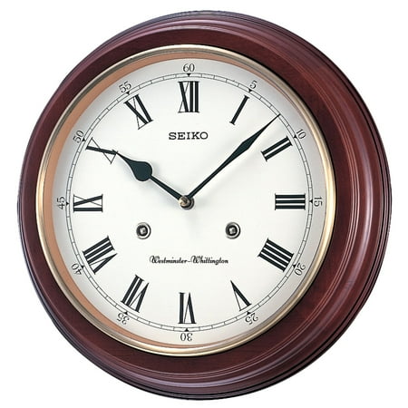 Seiko 12 Round Wood Brown Grain Finish Wall Clock with Dual Chimes, Quartz, Analog QXH202BLH