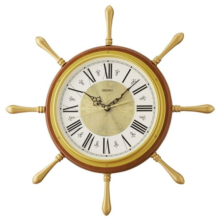 Seiko 19 Inch Rei Nautical Ship Wheel Wall Clock, Roman Numerals Quartz Analog Battery QXA785BLH