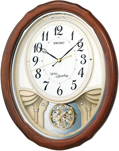 Seiko Clock AM257B Wall Clock, Melody Clock, Radio Wave, Triple Selection, Melody, Decorative Pendulum, Wooden Frame, Brown Wood