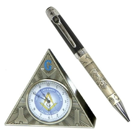 (Set) Freemason Triangle Desk Clock And Ballpoint Pen With Masonic Symbols