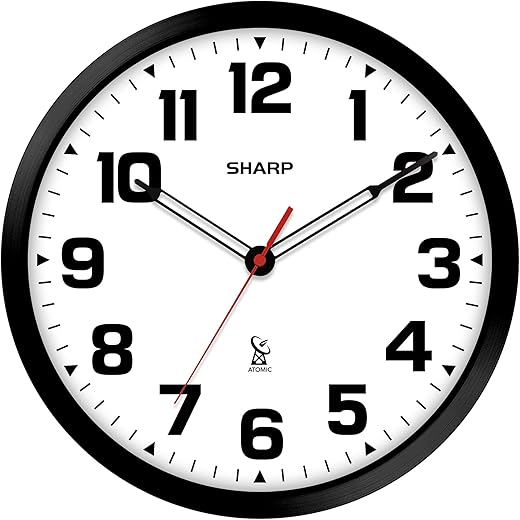 SHARP Atomic Analog Wall Clock - 12 Black Stylish Frame - Sets Automatically- Battery Operated - Easy to Read - Easy to Use – Modern Design and Style