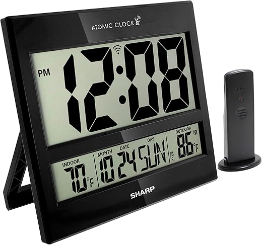 Sharp Atomic Clock - Never Needs Setting! - Jumbo 3" Easy to Read Numbers - Indoor/Outdoor Temperature Display with Wireless Outdoor Sensor - Gloss Black