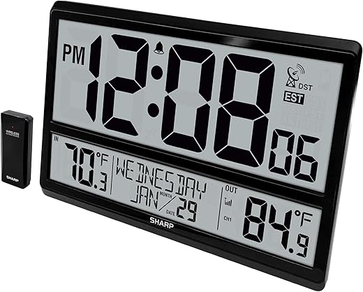 SHARP Atomic Clock - Never Needs Setting! –Easy to Read Numbers - Indoor/Outdoor Temperature, Wireless Outdoor Sensor - Battery Powered - Easy Set-Up!! (4" Numbers)