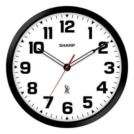 Sharp Atomic Wall Clock 12 Matte Black Automatically Sets Battery Operated Modern Design AQ Analog