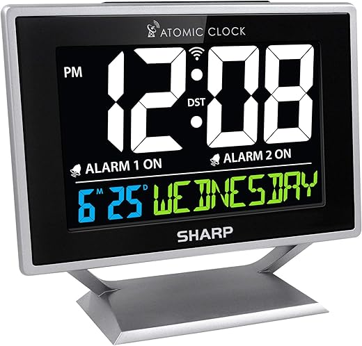 Sharp Desktop Dual Alarm Clock with Color Display - Atomic Accuracy - Calendar & Day of Week Time/Date Display