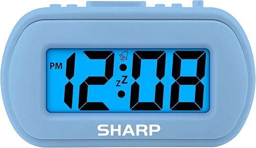 SHARP Digital Alarm Clock – Tactile Case with Soft Rubberized Finish - Battery Operated – Blue Backlight on Demand – Ascending Alarm – Easy to Use – Light Blue