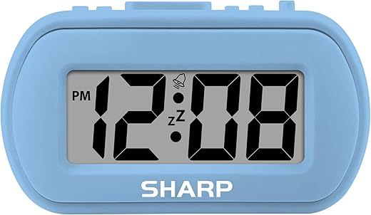 SHARP Digital Alarm Clock – Tactile Case with Soft Rubberized Finish - Battery Operated – Blue Backlight on Demand – Ascending Alarm – Easy to Use – Light Blue