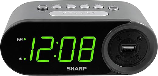 SHARP Digital Easy to Read Alarm Clock with 2 AMP High-Speed USB Charging Power Port - Charge Your Phone, Tablet with a high Speed Charge! Simple, Easy to Use Operation, Black – Green LEDs