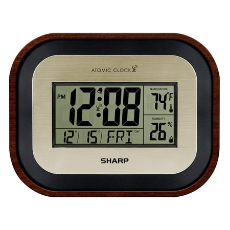 Sharp Digital Wall Clock, Self-Setting Atomic Desk Clock Woodgrain Finish