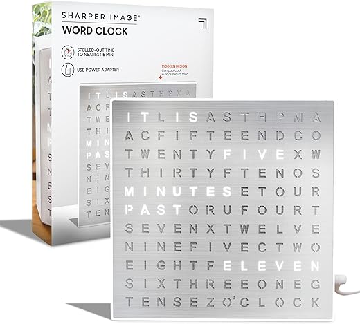 Sharper Image® LED Light-Up Word Clock [Amazon Exclusive] 7.75" Modern Design, Electronic Accent Wall & Desk Clock, USB Power Cord, Contemporary Home & Office Decor, Easy Setup, Housewarming Gift