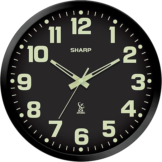 SHARP Glow in The Dark Atomic Analog Wall Clock - 12 Clock with Black Frame - Sets Automatically - Battery Operated - Easy to Read - Easy to Use – See Day or Night!