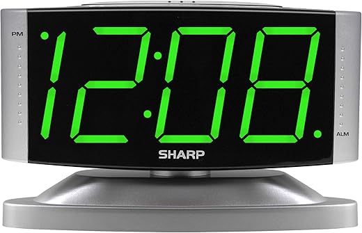 Sharp Home LED Digital Alarm Clock – Swivel Base - Outlet Powered, Simple Operation, Alarm, Snooze, Brightness Dimmer, Big Green Digit Display, Silver Case