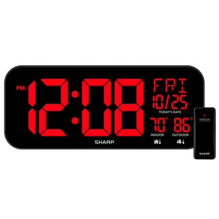 SHARP Large Oversized Screen LED Clock with Outdoor/Indoor Temperature with Outdoor Sensor, with Date and Day of Week – 14 inch Clock with 4 inch Digits