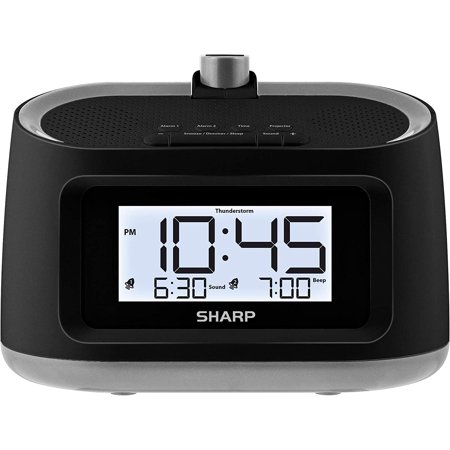 SHARP LCD and Projection Alarm Clock with 8 Soothing Nature Sleep Sounds – Project onto Wall or Ceiling, Black with Gunmetal Trim