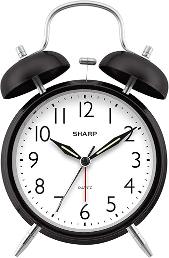 Sharp Twin Bell Alarm Clock - Loud Alarm - Great for Heavy Sleepers - Battery Operated Quartz Analog Clock (Midnight Black)