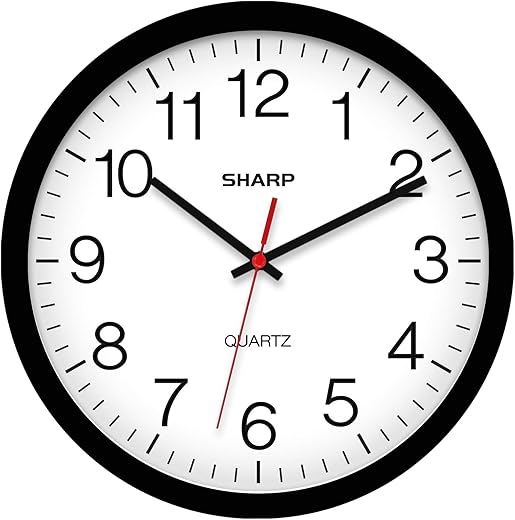 SHARP Wall Clock – Black, Silent Non Ticking 12 Inch Quality Quartz Battery Operated Round Easy to Read Home/Kitchen/Office/Classroom/School Clocks, Sweep Movement