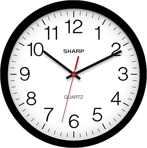 SHARP Wall Clock – Black, Silent Non Ticking 14 Inch Quality Quartz Battery Operated Round Easy to Read Home/Kitchen/Office/Classroom/School Clocks, Sweep Movement