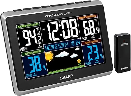 Sharp Weather Station with Easy to Read Color Display - Wireless Indoor Outdoor Thermometer and Humidity, Atomic Clock, Alarm and Calendar, 12 Hour Forecast, AC or Battery Powered