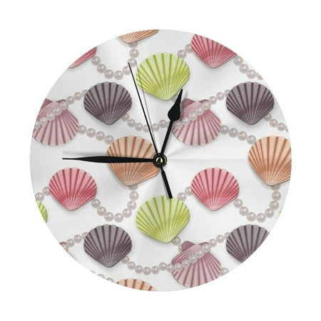 Shell Pearls Print Wall Clock, Modern 10 Inch Battery Operated Wall Clocks, Non Ticking Decorative Clock for Living Room, Office, Bedroom, Kitchen, Bathroom