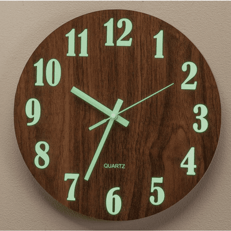 Shenbbrba 12 inch Luminous Wooden Round Silent Non-Ticking Quartz Wall Clocks, Large Numbers and Hands, Easy to Read Both Day and Night