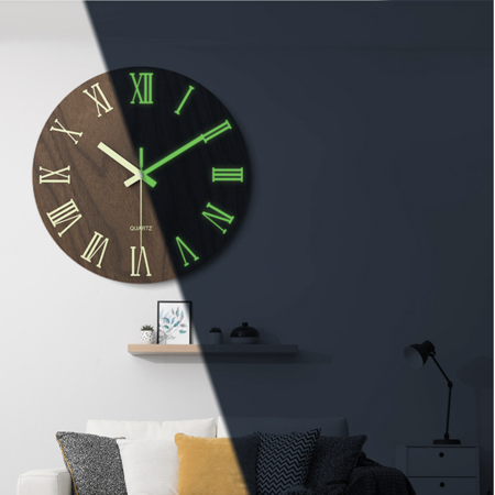 Shenbbrba 12 inch Luminous Wooden Round Silent Non-Ticking Quartz Wall Clocks, Large Numbers and Hands, Easy to Read Both Day and Night