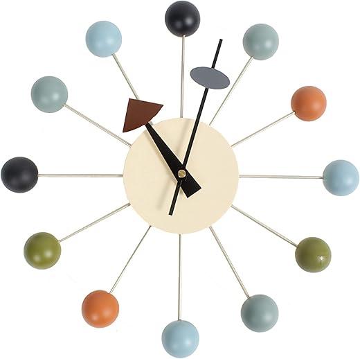 SHISEDECO Ball Clock in Multicolor, Painted Solid Wood Non Ticking Decorative Mid Century Modern Silent Wall Clock for Home, Kitchen, Living Room, Office etc. - Retro Design