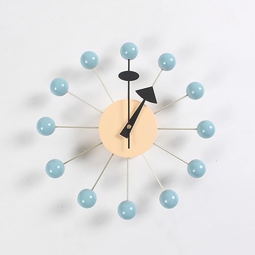 SHISEDECO Mid Century Ball Clock, Painted Solid Wood Non Ticking Decorative Modern Silent Wall Clock for Home, Kitchen,Living Room,Office etc. - Retro Design (Ball Clock in Blue)