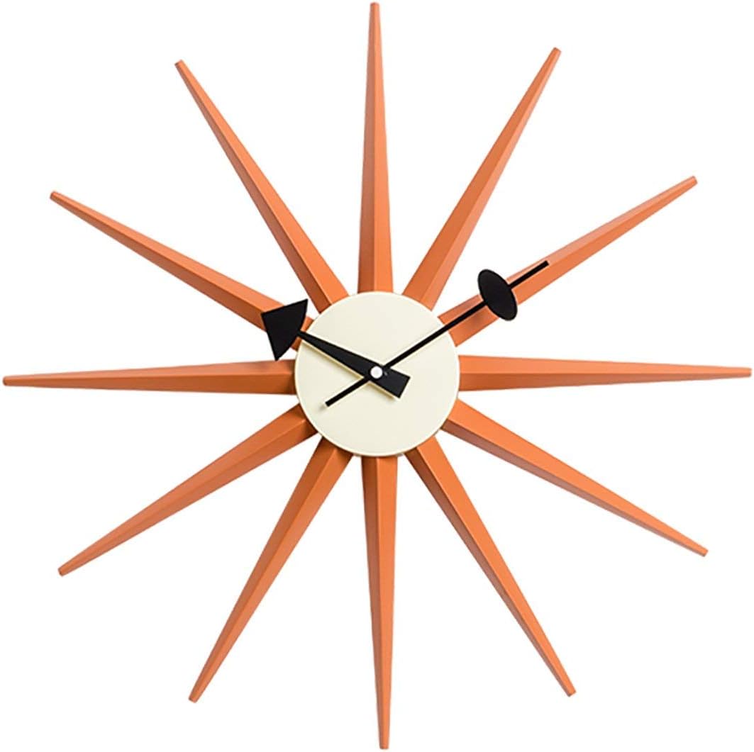 SHISEDECO Modern Sunburst Clock in Orange - Non Ticking, Wooden Mid Century Retro Design Decorative Silent Wall Quartz Clock for Home, Kitchen,Living Room,Office and Bedroom etc.(Orange)