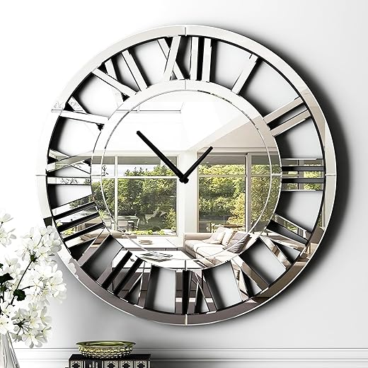 SHYFOY 18-Inch Acrylic Mirrored Wall Clock - Roman Numeral Skeleton Design - Large Decorative Clock - Modern Home Decor -Elegant Timepiece for Living Room, Bedroom, and Office