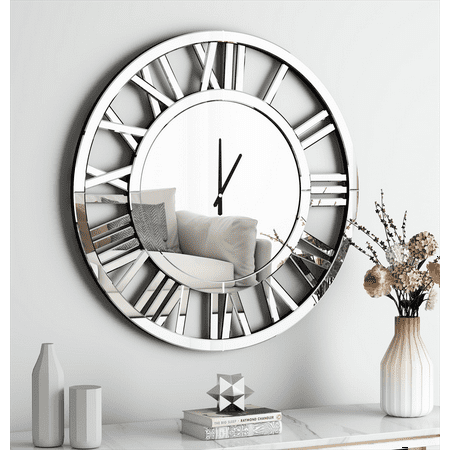 SHYFOY 18 inches Round Wall Clock for Home Decor,Silver Mirrored Wall Clock Decorative Clocks for Living Room, Bedroom, Office