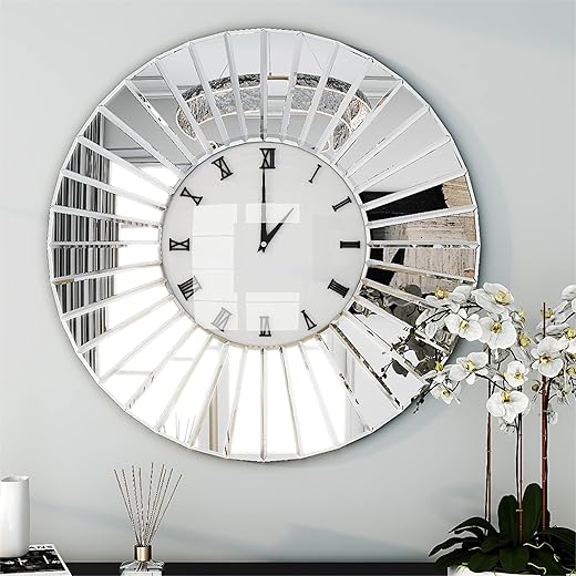 SHYFOY Mirrored Wall Clocks, Decorative Large Clock for Wall Decor, Oversize Glass Wall Clock for Living Room, Big Silver Clock Modern Luxury Home Decor, 24 Inches