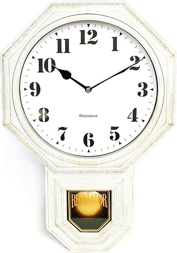 Signature White Antique Mini Pendulum Wall Clock, Simulated Metallic Vintage Texture, Non-Ticking Silent Sweep Movement, 11.4 x 17 x 2.4, Retro Classic Style, Plastic Frame with ABS Glass (White)