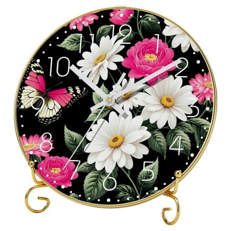 Silent Analog Desk Clock, Wall Clock, Clock for Bedroom, Non Ticking, Quartz Battery Operated, Bedroom Clock, Retro Decor, Butterfly Japanese Vintage Peony Flower