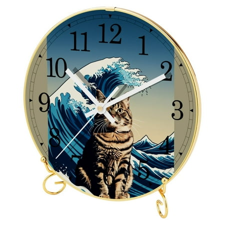 Silent Analog Desk Clock, Wall Clock, Clock for Bedroom, Non Ticking, Quartz Battery Operated, Bedroom Clock, Retro Decor, Japanese Cartoon Animal Cat and Ocean Wave Funny