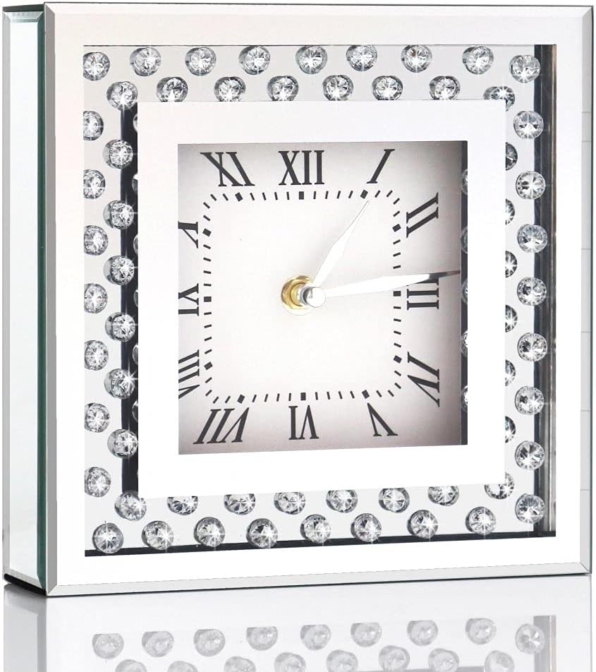 Silent Desk Clocks 8x8x2 Inch Crystal Sparkle Twinkle Bling Square Mirrored Table Top Decorative Clock With Diamond for Home Decoration Silver Mirror Home Decor. AA Battery is not included.