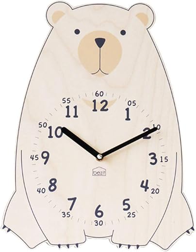 Silent Kids Wall Clock - Non-Ticking, Decorative, Cute Wooden Clock for Nursery, Children, Toddler, Baby Room, Battery Operated - Bear, Unicorn, Owl (Brown Bear)