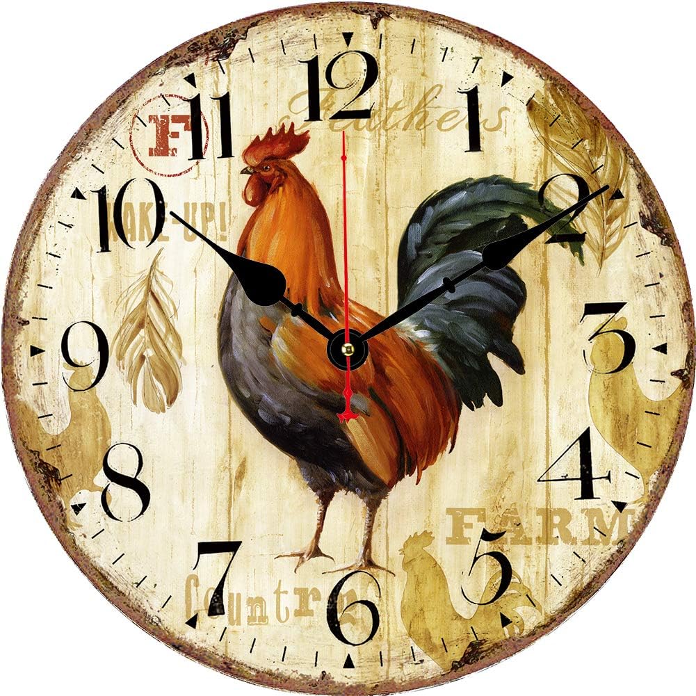 Silent Non-Ticking Animal Wall Clock, Quality Quartz Battery Operated Wall Clocks, 10 Inch Rooster Style Home Decor Clocks, Wooden Round Decorative Clock …