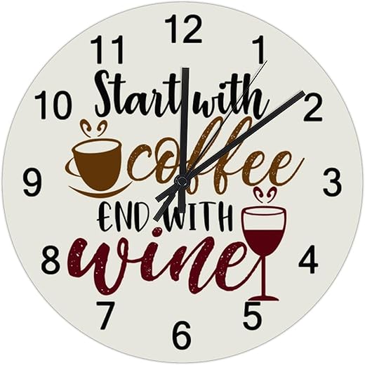 Silent Non-Ticking PVC Wall Clocks,Start with Coffee End with Wine Round Wall Clocks Battery Operated Vintage Country Style Home Decor 10"