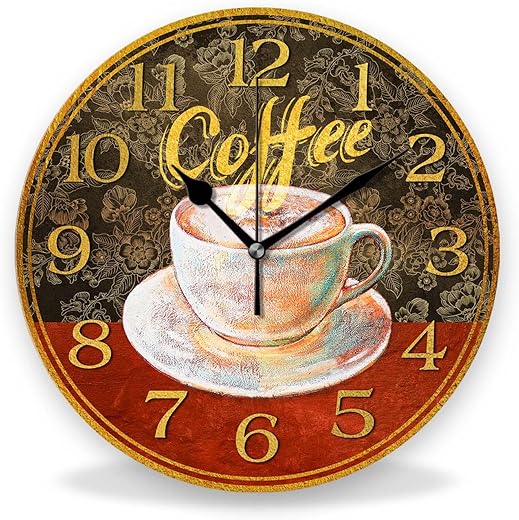 Silent Non-Ticking Wall Clocks, Brown Coffee Wall Clock Cups Vintage Retro, Battery Operated 9.8"x9.8" Round Wall Clock for Home Decor Living Room Kitchen Office