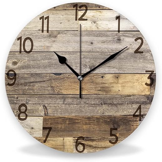 Silent Non-Ticking Wall Clocks, Brown Wood Barn Board Brown Pine Plank Rustic Wall Clocks, Battery Operated 11.8x11.8 Round Wall Clock for Home Decor Living Room Kitchen Office