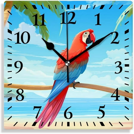 Silent Non Ticking 10 Inch Square Wall Clocks,Tropical Beach Plants And Parrot Creative,Decorative Clocks For Living Room Kitchen Bedroom