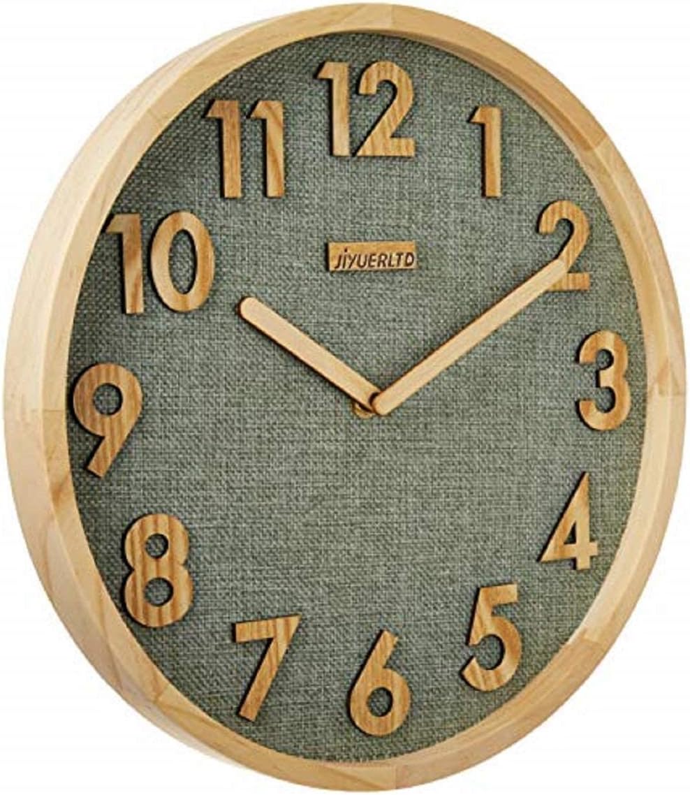 Silent Wall Clock 12 inch Kitchen Clock with 3D Wood Numbers, Non-Ticking Quartz Movement, Linen Face and Wood Frame for Home, Office, Classroom (Green)