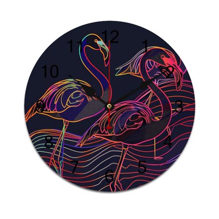 Silent Wall Clock 25cm/9.84in Round Wall Clock Neon Flamingo Hanging Clock for Home Living Room Bedroom Kitchen Non Ticking Battery Operated Living Room Mute Clock