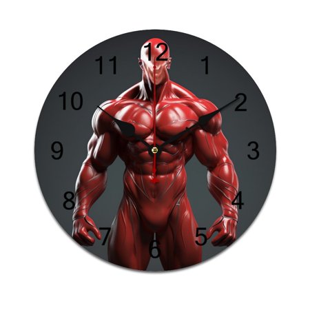 Silent Wall Clock 30cm/11.8in Round Wall Clock Red Muscle Hero Hanging Clock for Home Living Room Bedroom Kitchen Non Ticking Battery Operated Living Room Mute Clock